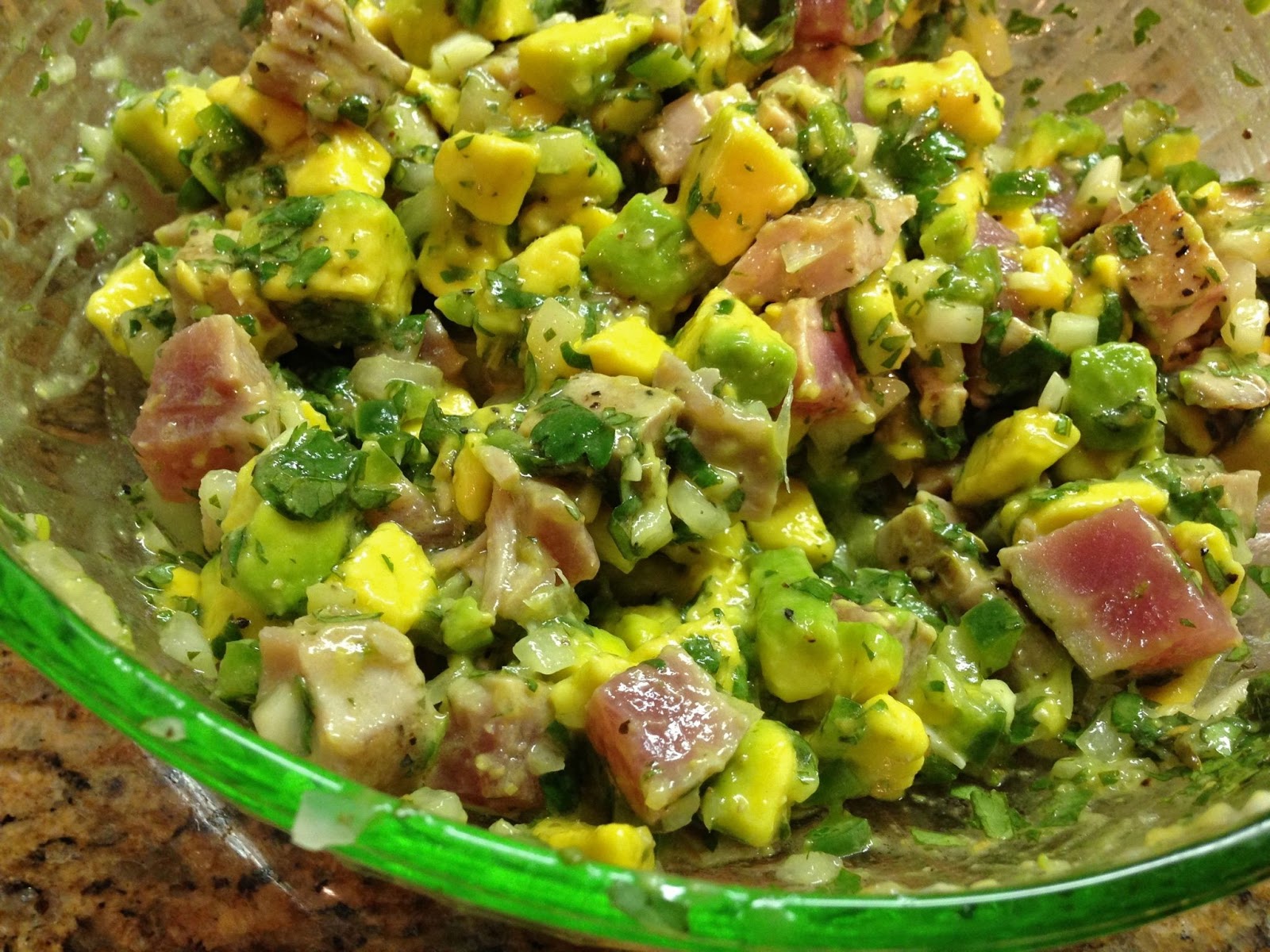 One Potato Blue Potato Spicy Seared Ahi Tuna and Avocado Salad