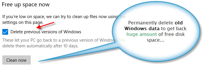 Storage sense option to delete data of older Windows versions