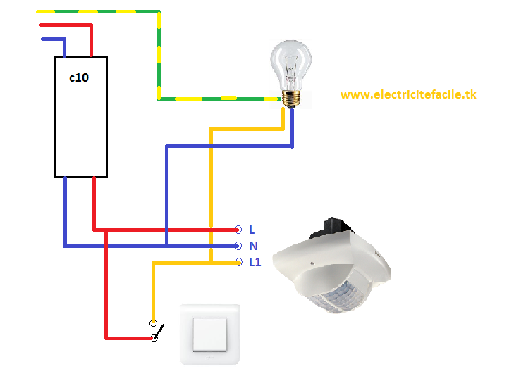 Montage d'un Détecteur de présence avec interrupteur simple schema electrique Montage d'un Détecteur de présence avec interrupteur simple schema electrique