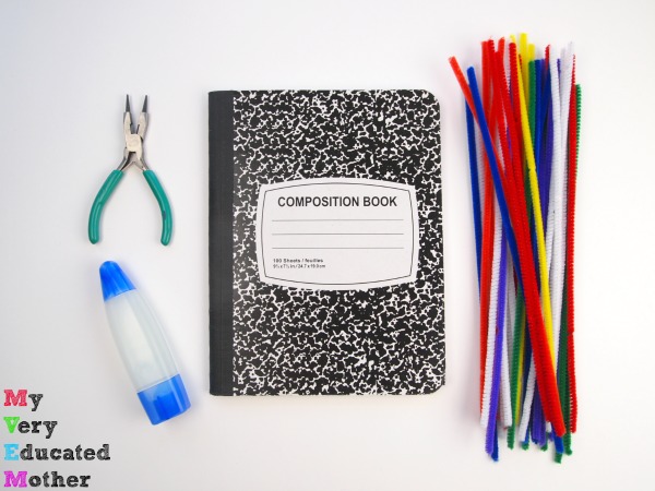 Supplies to make a fuzzy DIY pipe cleaner notebook!