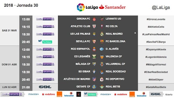 Liga Santander 2017/2018, horarios oficiales de la jornada 30