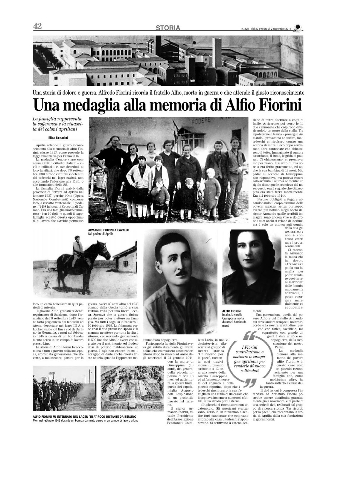 Un ricordo per la pace MEDAGLIA D'ONORE ALLA FAMIGLIA DI ALFIO FIORINI