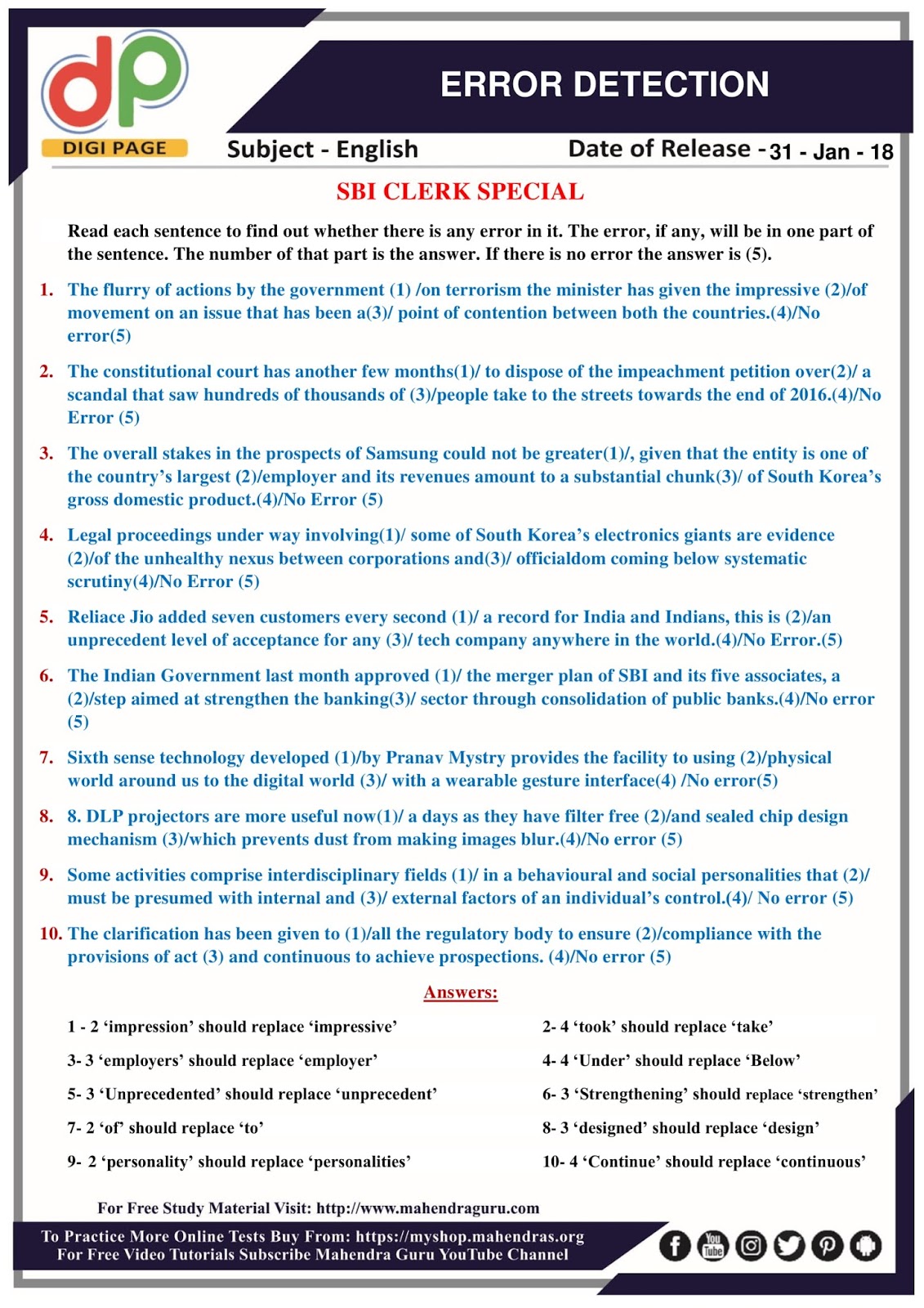 DP Error Detection Questions For SBI Clerk 31 01 18