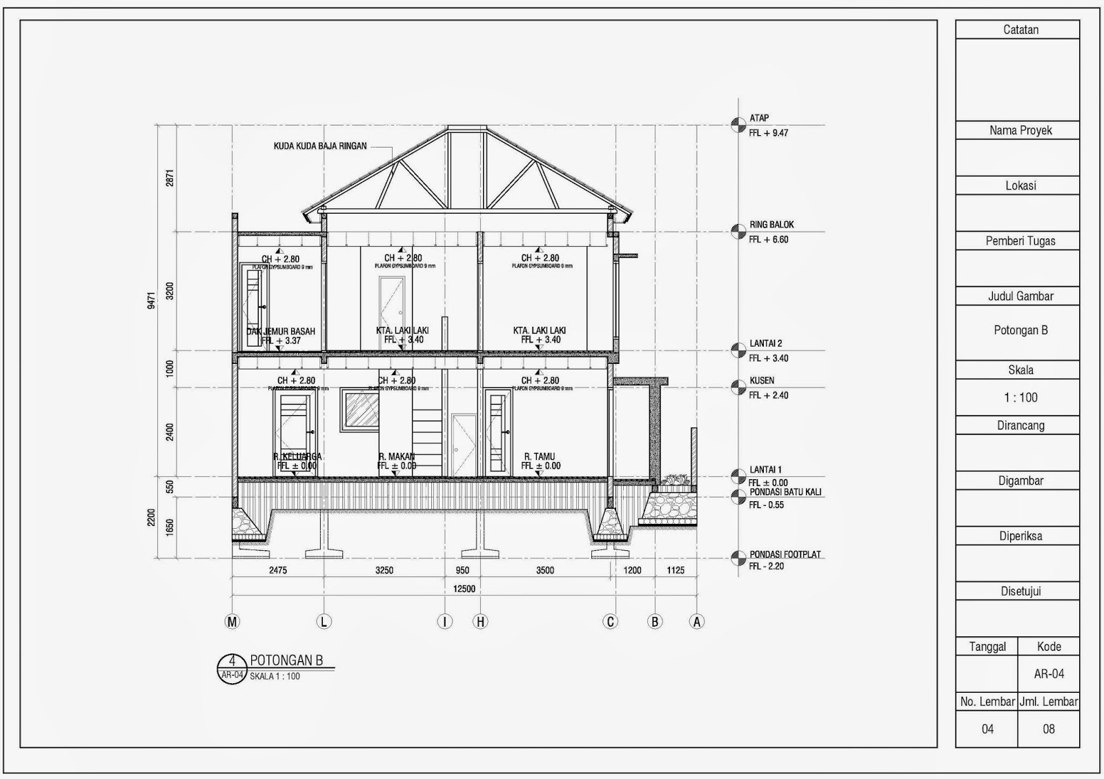 Gambar Kerja 2d Rumah 2 Lantai Tropis Potongan A 1 Gambar Desain - Riset