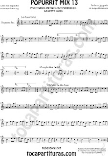  Partitura de Saxofón Soprano Popurri Mix 13 La Cucaracha, Cumpleaños Feliz, El Patio de Mi Casa Sheet Music for Soprano Sax Music Scores