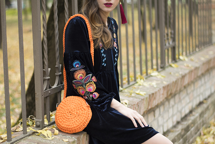 Boho Embroidered Velvet Dress in Navy Crochet Orange Bag Boho Embroidered Velvet Dress in Navy Crochet Orange Bag