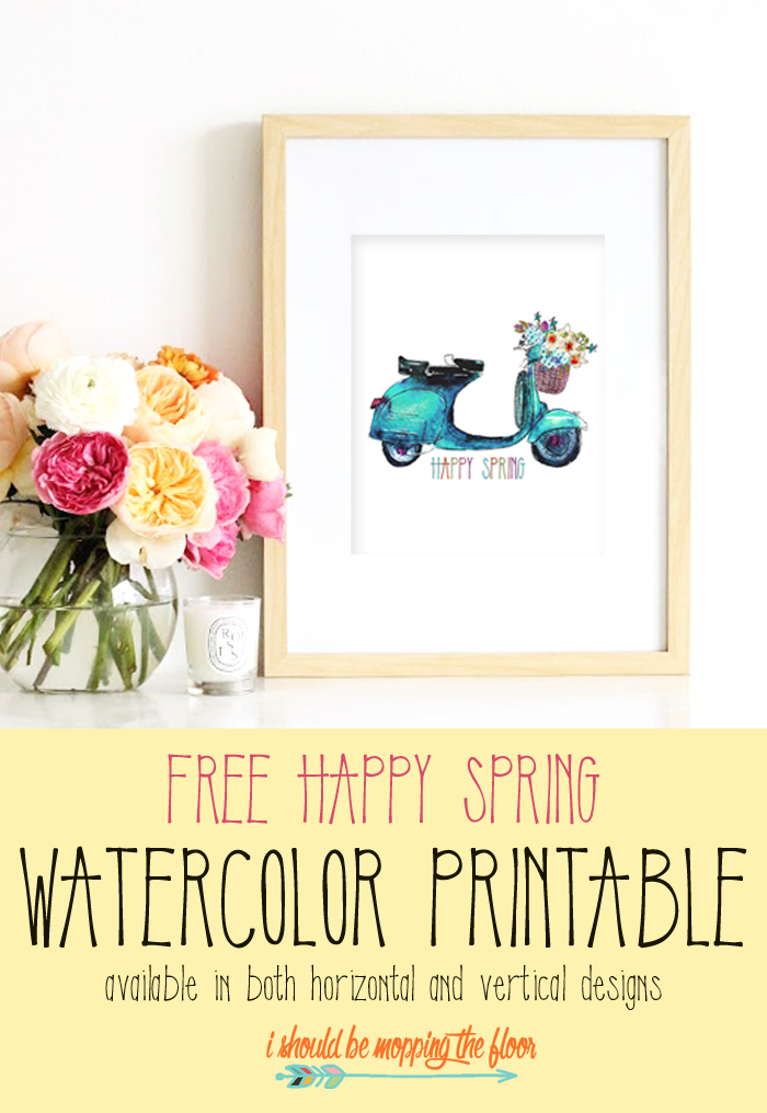Free Spring Watercolor Printable: Pretty aqua moped with loads of beautiful spring blooms. Available in both vertical and horizontal. Instant downloads.