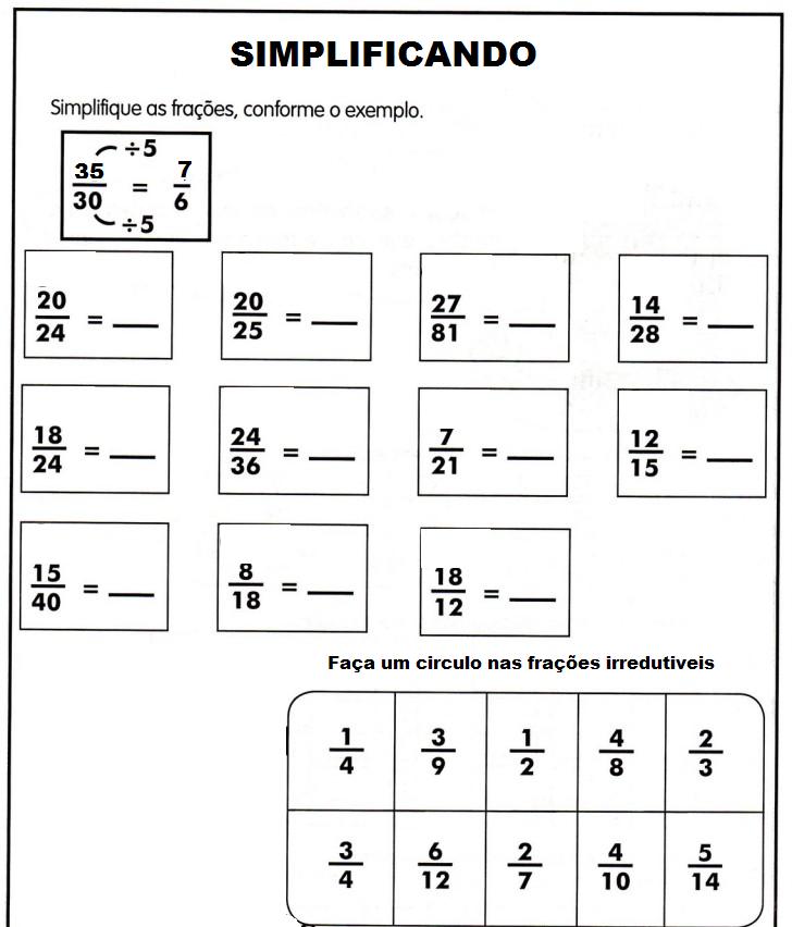 Exercícios de Simplificação de fração - Matemática