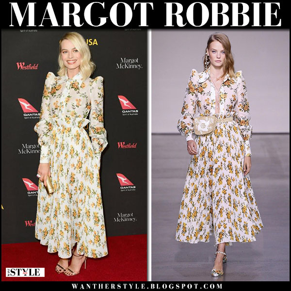 Margot Robbie in white floral print shirt and skirt at G'Day USA Gala