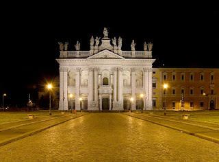 By night, the Basilica of San Giovanni in Laterano makes a stunning sight with its ornate neoclassical facade