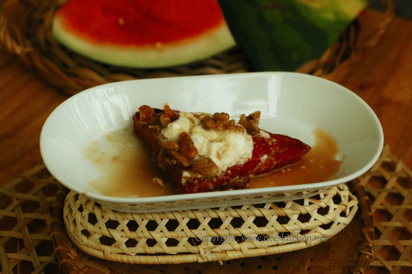 Fried Watermelon with honey caramelized walnuts Nee's Kitchen