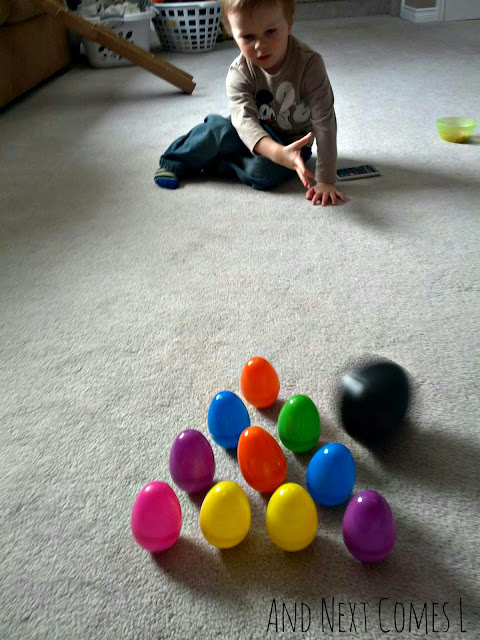J bowling with wobbly Easter eggs from And Next Comes L