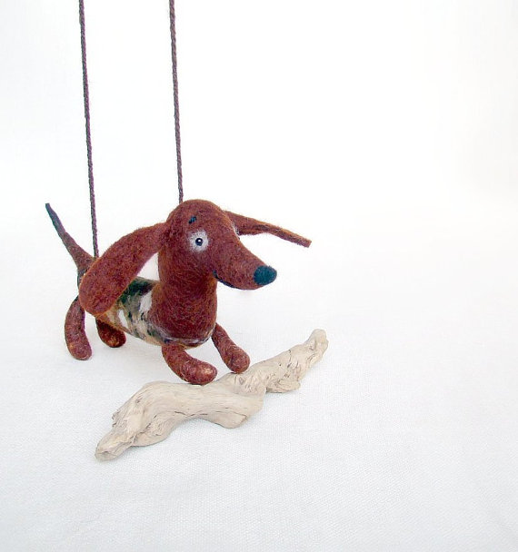 The Dog's Biscuit Dachshund small art felted puppet by Olga
