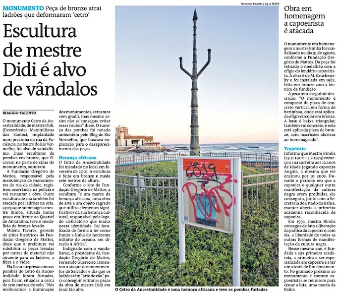 Vandalismo na obra de Mestre Didi é manchete no Jornal A Tarde
