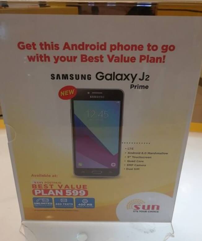 Samsung Galaxy J2 Prime Free At Sun Plan 599