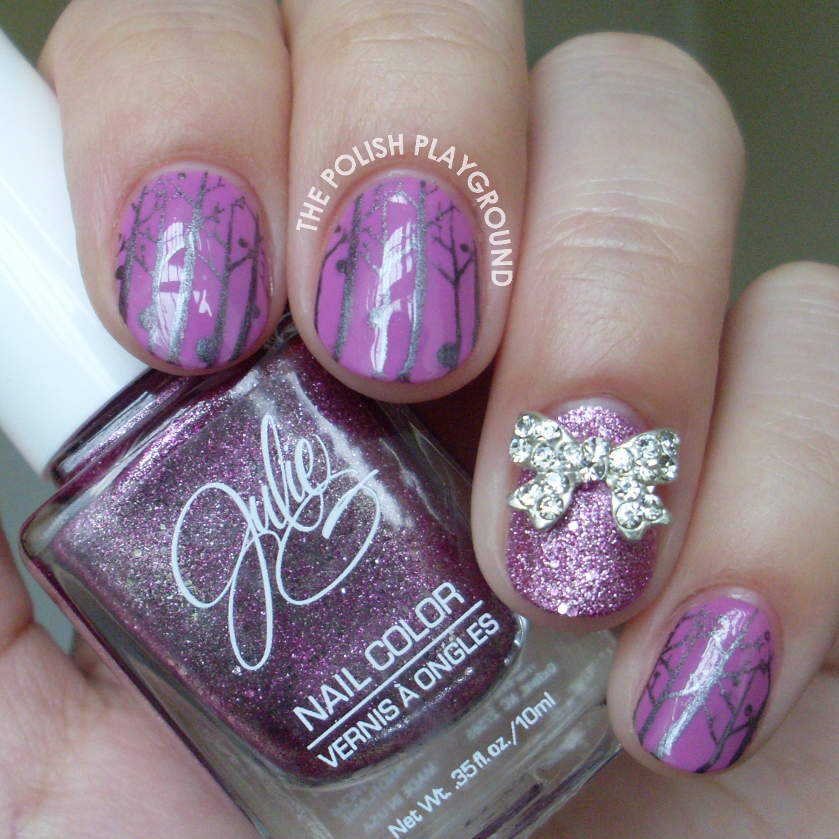 Purple and Silver Forest with Bow Stud Accent Nail Art Stamping