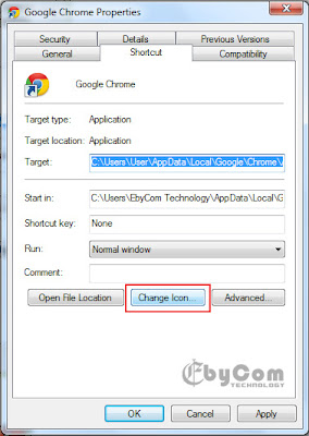 Pilih Tab Shortcut dan klik Change icon
