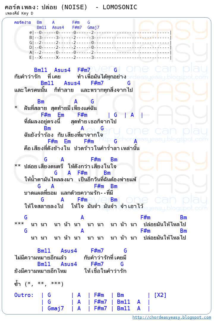 คอร์ดเพลง  ปล่อย (NOISE) - LOMOSONIC คอร์ดเพลง:  ปล่อย (NOISE)  | ศิลปิน: LOMOSONIC | คอร์ดง่าย Key D | คอร์ด ปล่อย | คอร์ดเพลง | คอร์ดกีตาร์ | Ukulele | เนื้อร้อง 
| เนื้อเพลง ปล่อย LOMOSONIC
