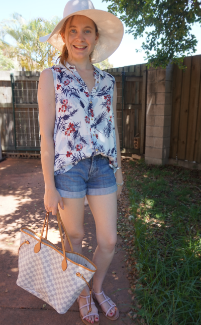 casual summer outfit denim shorts button down tank floral print shirt LV NF