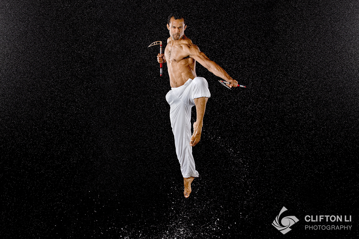 Indoor martial arts photography with water and highspeed flash sync