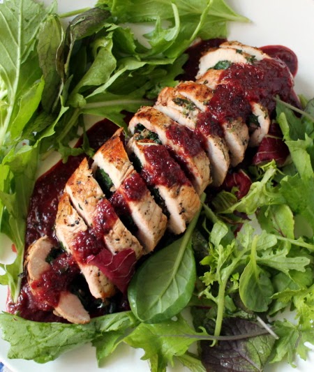 Pork roulade with beet greens and plum-thyme sauce