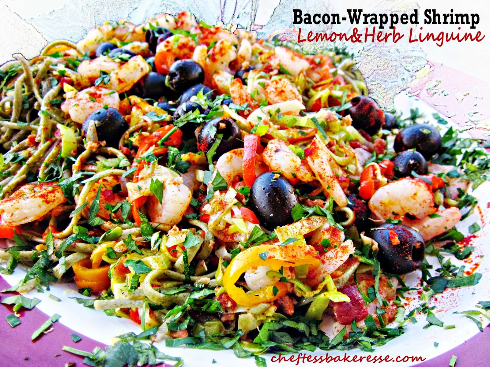 Chef Tess Bakeresse Bacon Wrapped Shrimp Lemon and Herb Linguine...7