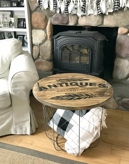 Tray on basket as side table in front of fire place
