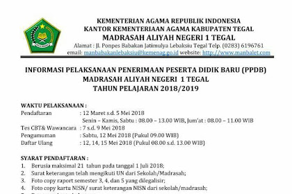 Pengumuman PPDB MAN 1 Tegal Tahun 2018
