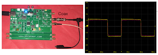 Here, we look at the source in the time domain captured with direct coax connection (yellow trace) and with a coax-to-probe connection (red trace)