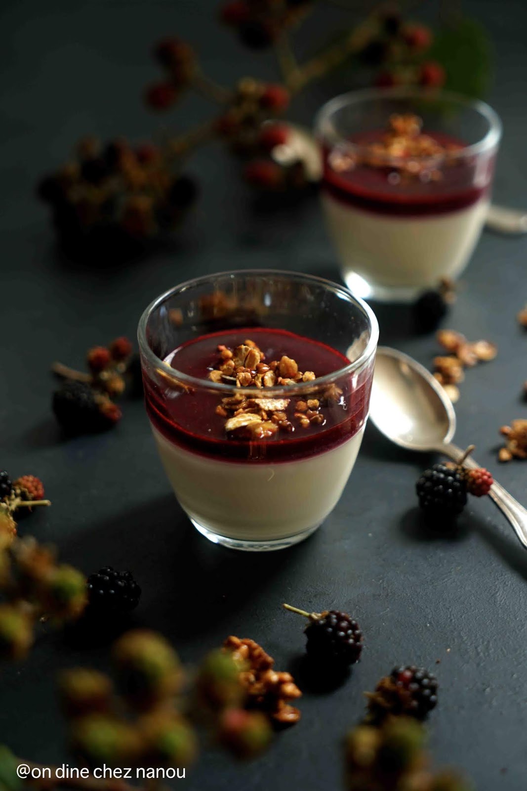Panna cotta de yaourt à la grecque à la verveine , coulis de mûres