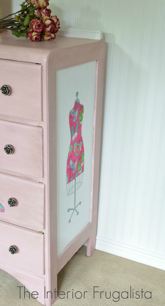 Vintage Waterfall Dresser with pink decoupaged fabric dress form 
