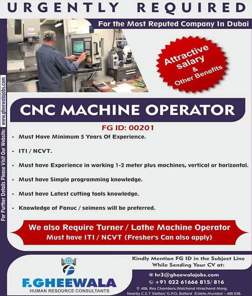 CNC Machine Operator Jobs in Dubai | F. Gheewala Human Resource Consultants