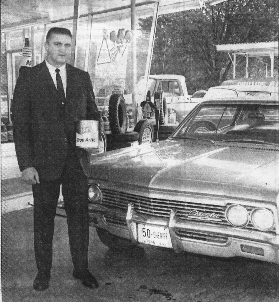 Just A Car Guy Sheriff Buford Pusser doing a promotion at his friends business in Selmer Tennessee Philipps 66 station photo pic
