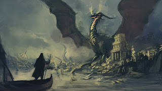 Mago subido en su barca con un dragón negro al fondo sobre una ciudad en ruinas.