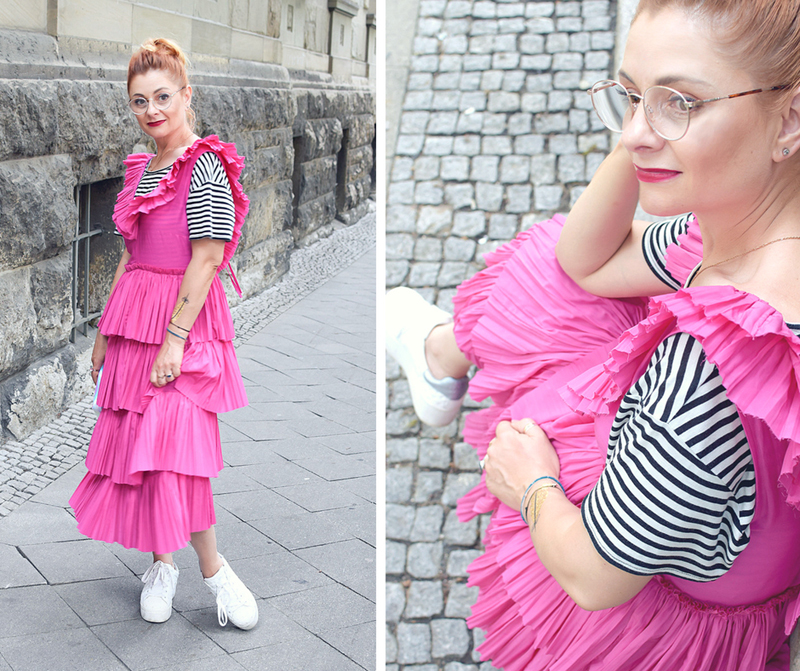 Sommer Kleid für Frauen in Fuchsia von H&M, Outfitinspiration pinkes Sommerkleid von H&M mit Rüschen, Modetipps für erwachsene Frauen