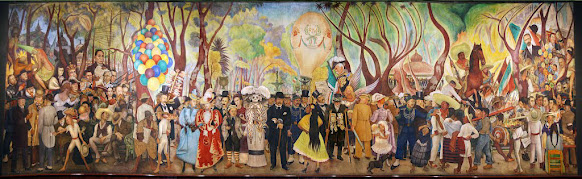 Image of a mural with many people in it depicting 400 years of Mexican history, titled Dream of a Sunday Afternoon in Alameda Park by Diego Rivera