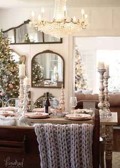 Dining room with romantic Farmhouse Christmas holiday decorating shabby chic