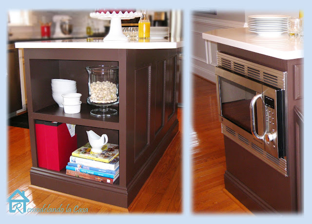 How to install a microwave inside a kitchen island adding metal trim around it and installing a shelf on the other side.