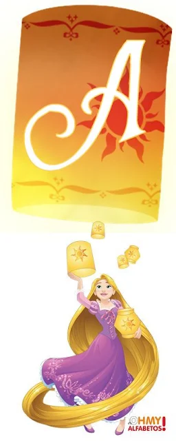 Alfabeto en Blanco de Rapunzel con Lámparas. Rapunzel with White Alphabet in Flying Lanterns.