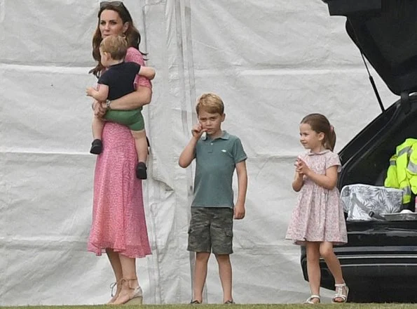 Kate Middleton in LK Bennett Madison dress, Castaner wedges. Prince George, Princess Charlotte. Meghan Markle