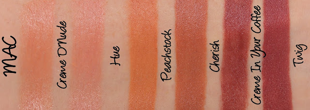 MAC Creme D'Nude, Hue, Peachstock, Cherish, Creme In Your Coffee, Twig Lipsticks Swatches & Review