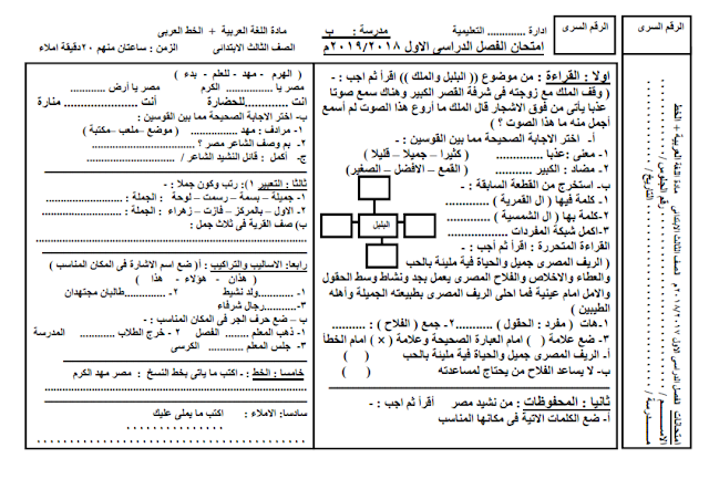 امتحان لغة عربية متوقع للصف الثالث الابتدائى ترم اول 2019 للمراجعة النهائية