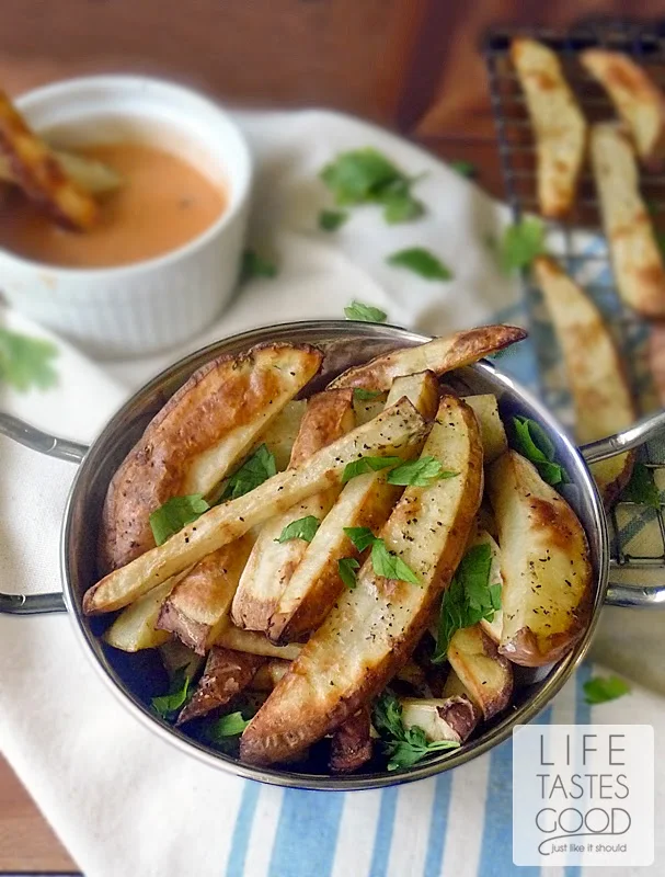 Best Baked French Fries | by Life Tastes Good are easy to make and really do get a little crispy on the outside just like a good french fry should!! #Baked #FrenchFry #Healthy #BuffaloSauce