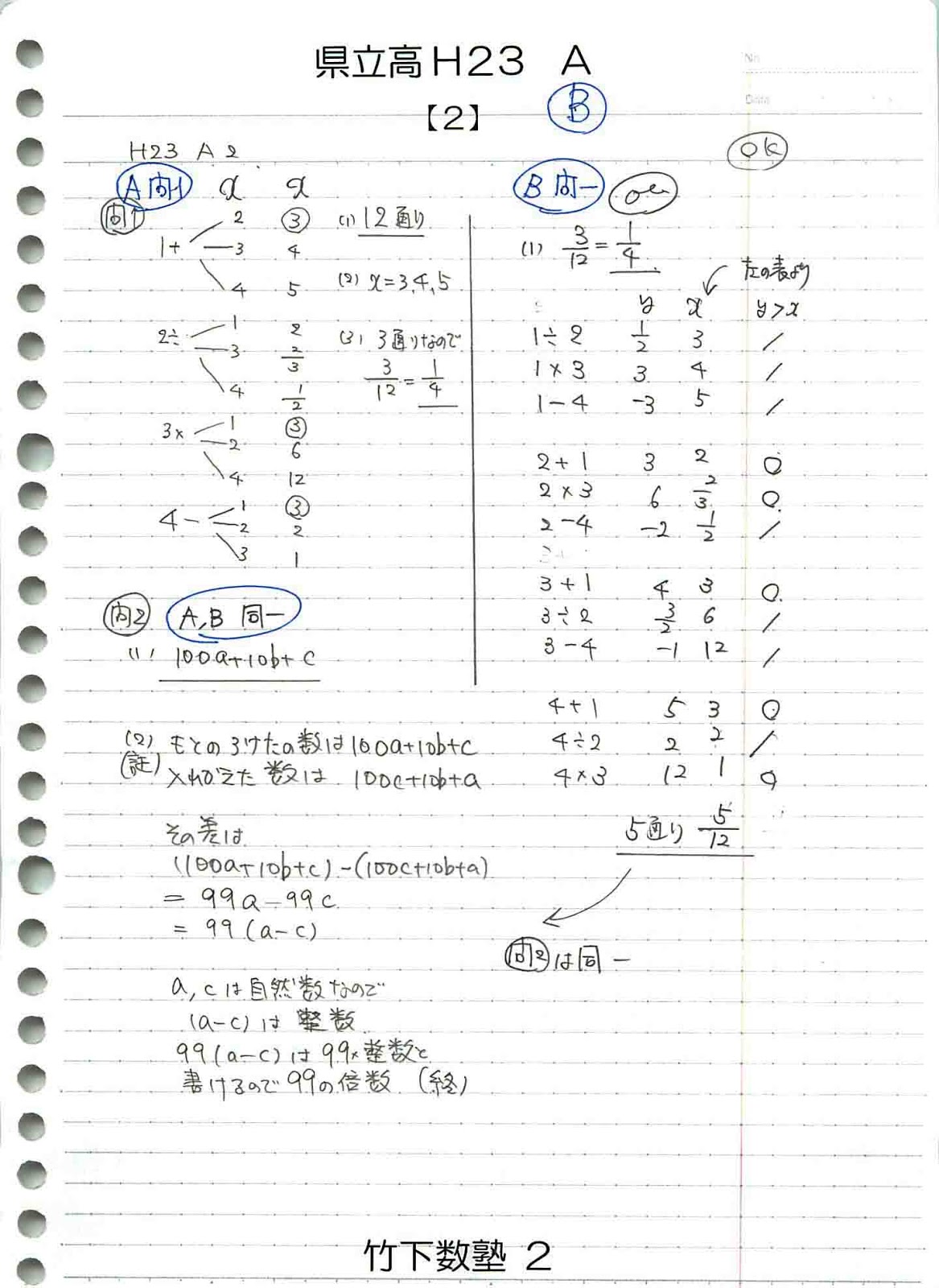 竹下数塾: 【県立高入試】2011(h23)数学AB解答