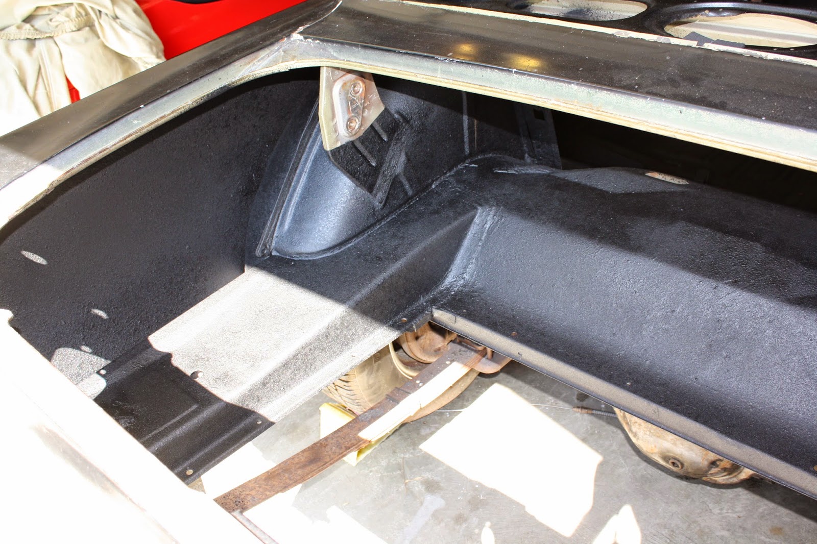 1965 Mustang bed liner sprayed in floor pans and trunk area