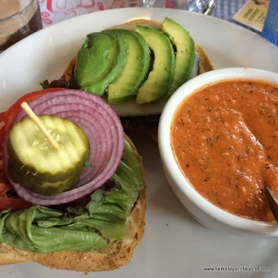 veggie burger and tomato soup at Saturn Cafe in Berkeley, California