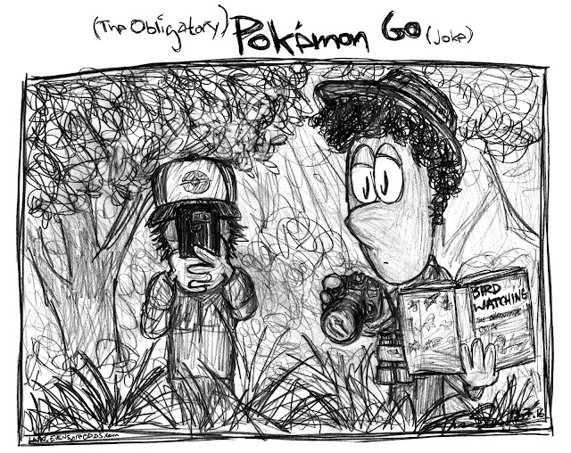 *Teddy in the wilderness decked out in bird watching gear, staring sidelong at at kid next to him buried in a phone playing Pokémon Go...*