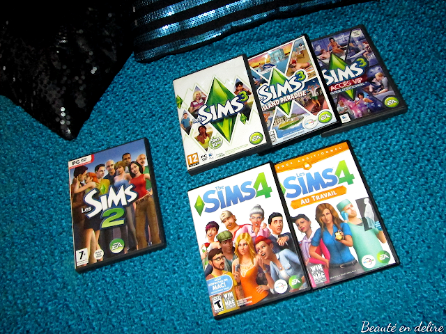 Ma collection de jeu Les Sims. Les Sims 2 de base, Les sims 3 de base, Les sims 3 Island Paradise, Les Sims 3 Accès VIP et Les Sims 4 jeu de base, Les Sims 4 Au travail.