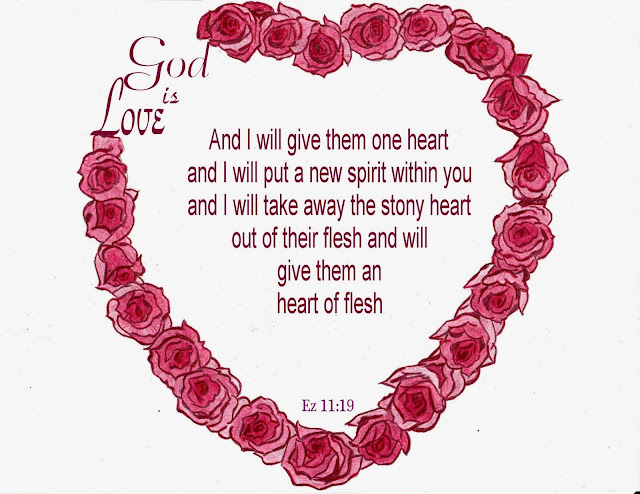 heart of roses with God is love written on the side with scripture verses in the center