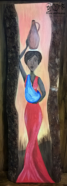 melzak-art, melzak art, nocą malowane, handmade, obraz na drewnie, dekoracje, kobieta z dzbanem wody, matka z dzieckiem, Afryka